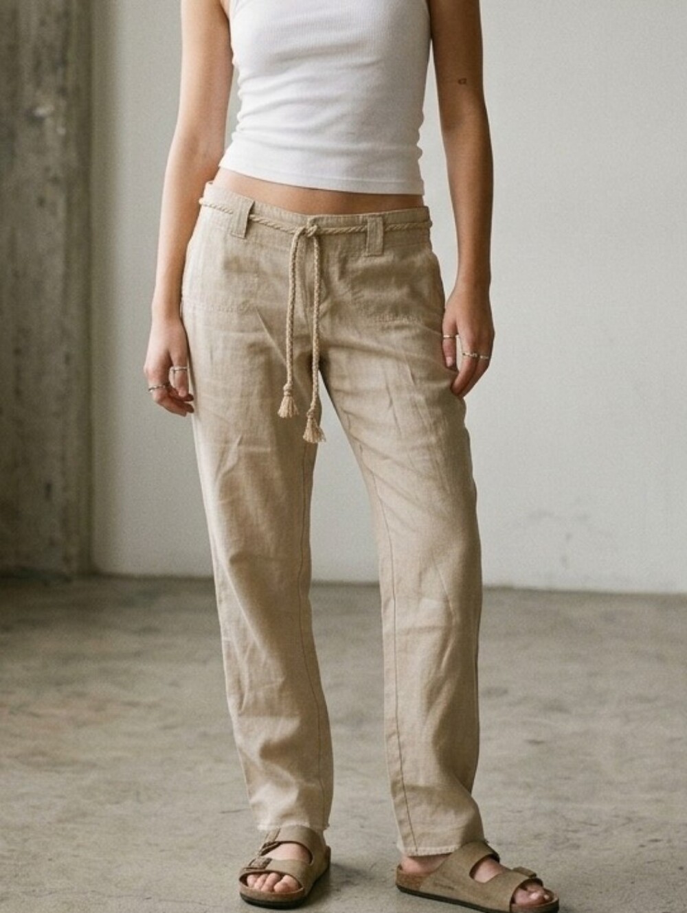 Dollhouse Y2K Linen Blend Low Rise Drawstring Pants Beige 16x27